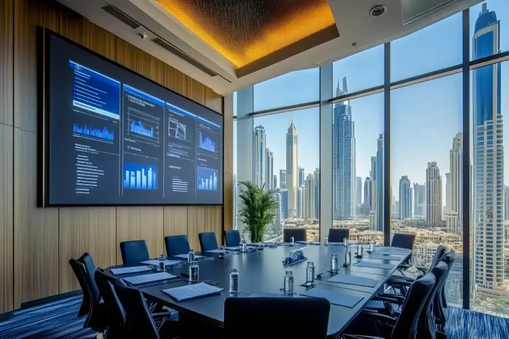 Boardroom with Abu Dhabi skyline at Aegis Coworking, ADGM