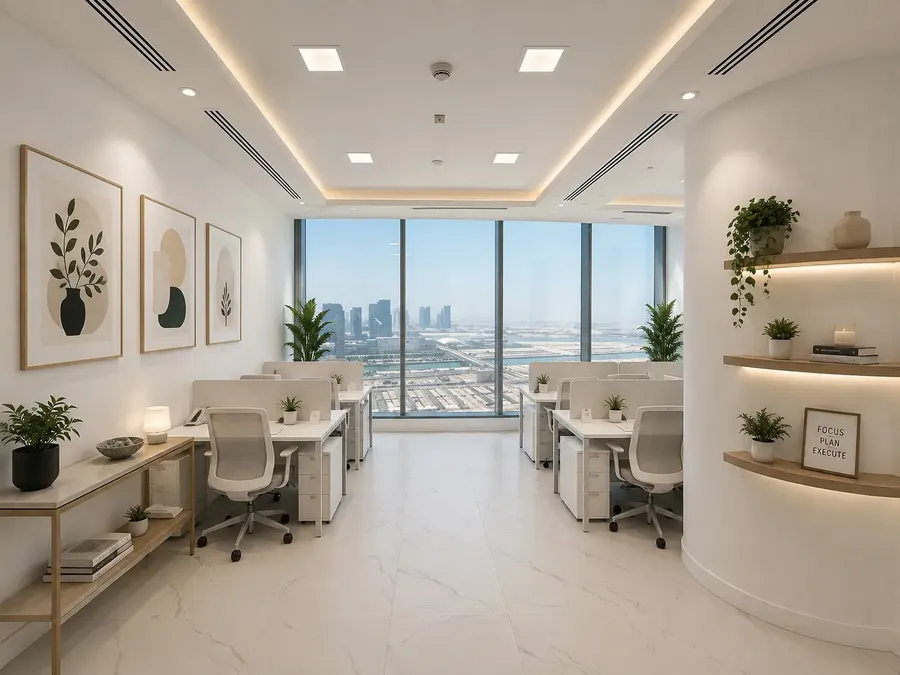 ADGM desk space with window desks and Al Reem Island views at Aegis Coworking